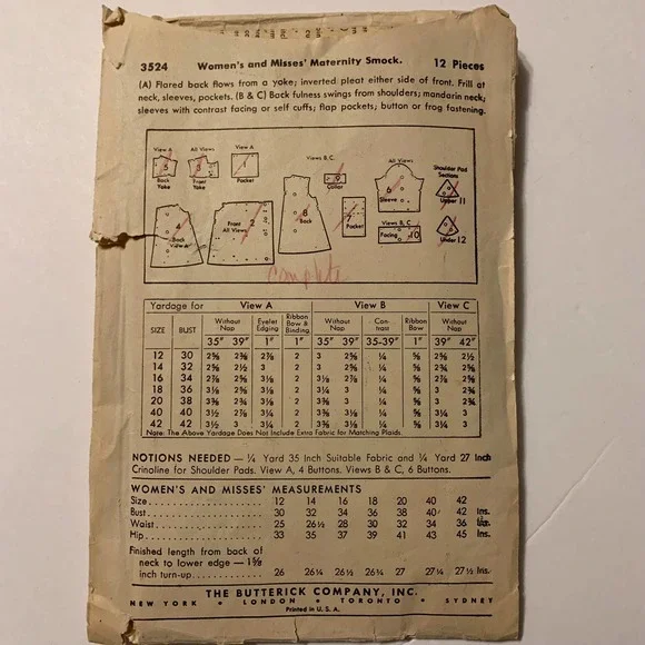 Butterick Vintage 1940's Sewing Pattern #3524 Maternity Smock Size 14 - Picture 5 of 5